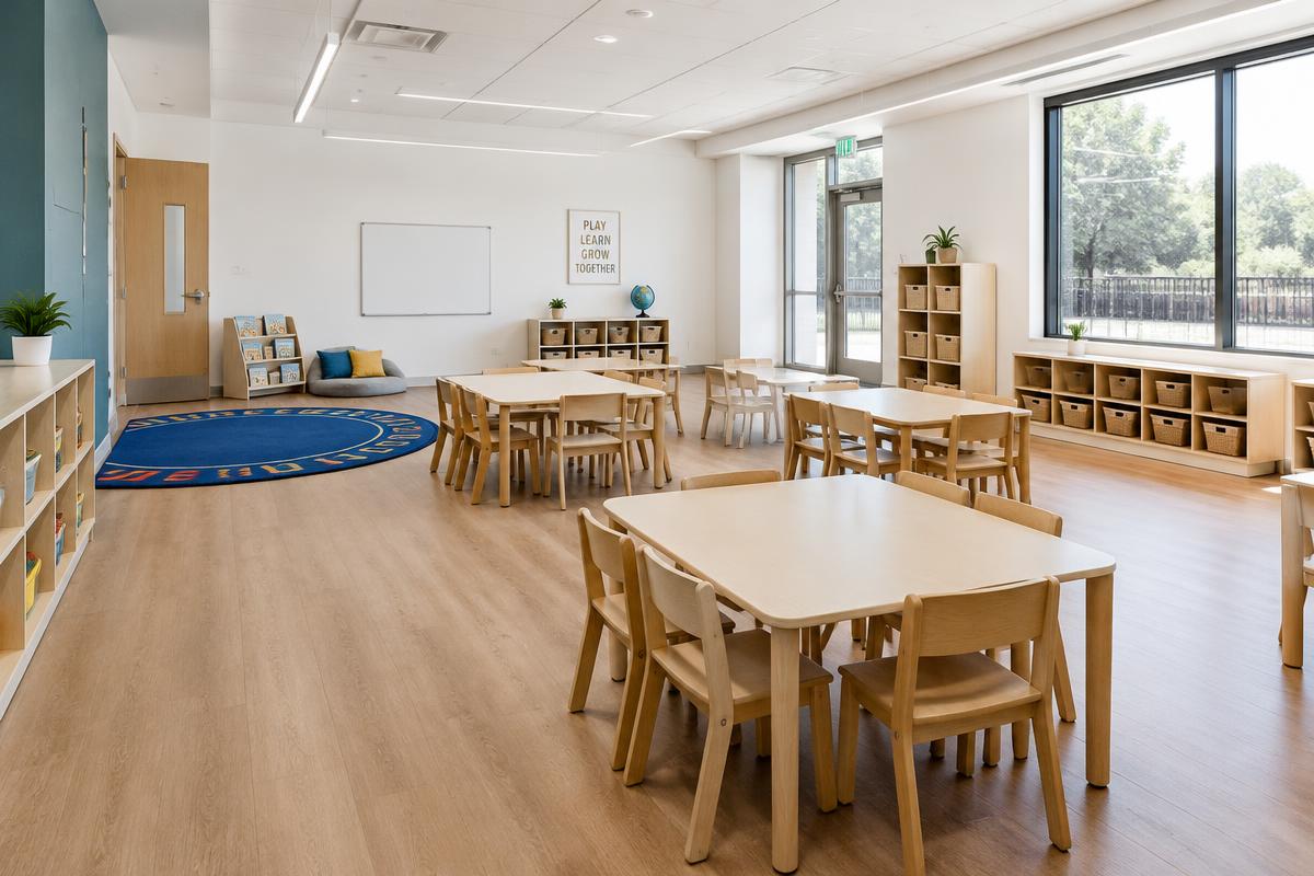 Clean, empty daycare classroom with small tables and chairs