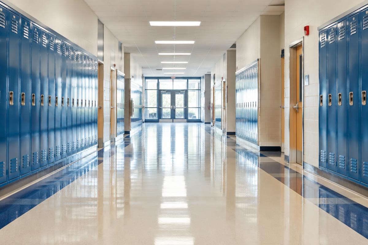 Freshly cleaned school hallway with lockers